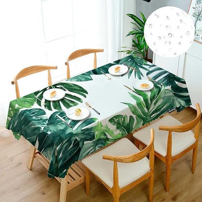 Swono Tropical Leaves Tablecloths Watercolor Palm Leaves Green Kitchen Dinning Tabletop Decoration, Polyester Table Cover for Indoor Outdoor 50x72 Inch Tablecloth