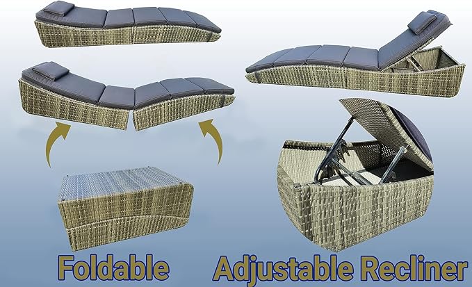 BTEXPERT Set of 2, Foldable Outdoor Chaise Pool Lounge Chairs Folding Wicker Rattan Sun Bed Patio Couch Reclining Lounger Adjustable Padded Backrest Pillow Assembled - Grey - Two
