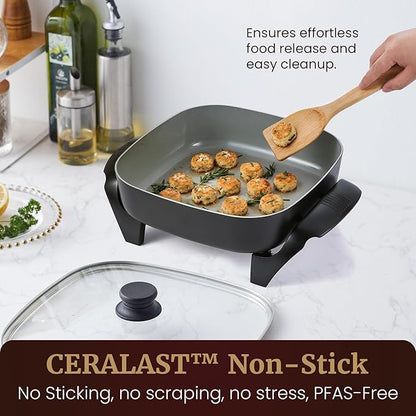 Elite Gourmet PFAS-Free Ceramic Electric Skillet, Extra Deep 12"x12"x3", Less Splatter, Dishwasher Safe, Rapid Heat, EG2313, 1200W, Black