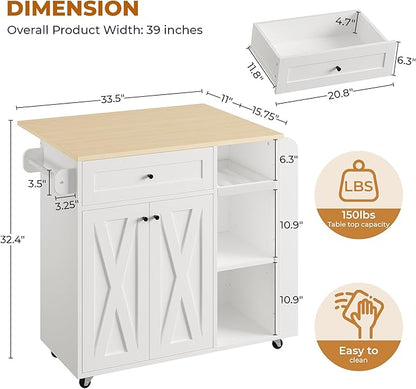 IRONCK Kitchen Island with Drop Leaf and Wine Rack, Rolling Kitchen Island on Wheels with Storage, Kitchen Island Cart with 3 Spice Rack, 3 Open Shelves, and Drawer, White