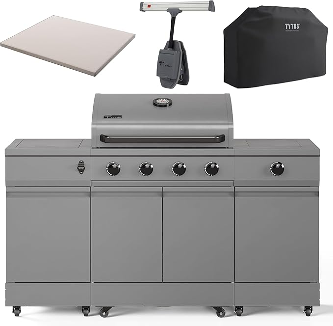 Tytus Fresno 5-Burner Propane or Natural Gas Island Grill – 864 sq. in. Cooking, 48,000 BTU Main + 12,000 BTU Side Burner, Porcelain Grates, Storage Cabinets, Semi-Portable - All Gunmetal Deluxe Kit