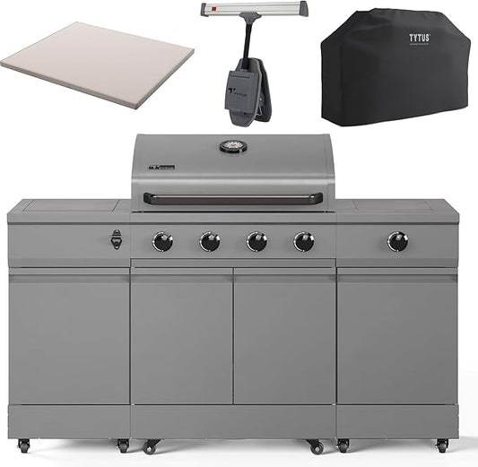 Tytus Fresno 5-Burner Propane or Natural Gas Island Grill – 864 sq. in. Cooking, 48,000 BTU Main + 12,000 BTU Side Burner, Porcelain Grates, Storage Cabinets, Semi-Portable - All Gunmetal Deluxe Kit