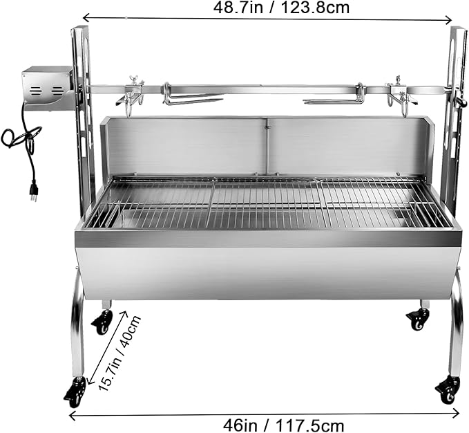 25w 48.6in Electric Rotisserie Grill Portable 176lbs Portable Stainless Steel Rotisserie Grill Roster With Wheels, Motor, Wind Baffle For Pig Chicken Lamb Rotisseries Roasting Machine