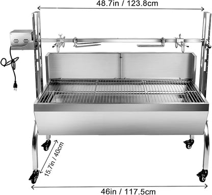 25w 48.6in Electric Rotisserie Grill Portable 176lbs Portable Stainless Steel Rotisserie Grill Roster With Wheels, Motor, Wind Baffle For Pig Chicken Lamb Rotisseries Roasting Machine