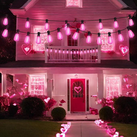 LAMPHOME 4-Pack 26Ft ST38 Outdoor String Lights, Pink LED Shatterproof Patio Lights with 12+1 Edison Bulbs for Valentine's Day, Christmas, Bistro, Wedding & Party Decor