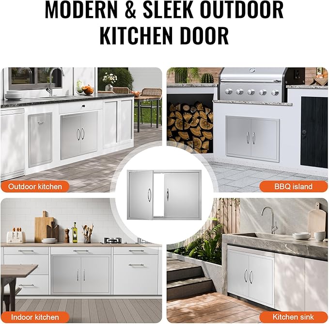 VEVOR BBQ Access Door, 33W x 22H Inch Double Outdoor Kitchen Door, Stainless Steel Flush Mount, Wall Vertical with Handles, for BBQ Island, Grilling Station, Outside Cabinet