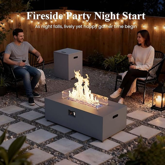 LayinSun 42 Inch Outdoor Fire Pit Table for Outside Patio, 55000BTU Rectangle Propane Firepit with Hidden Fuel Tank, Glass Wind Guard, Waterproof Cover and Lid