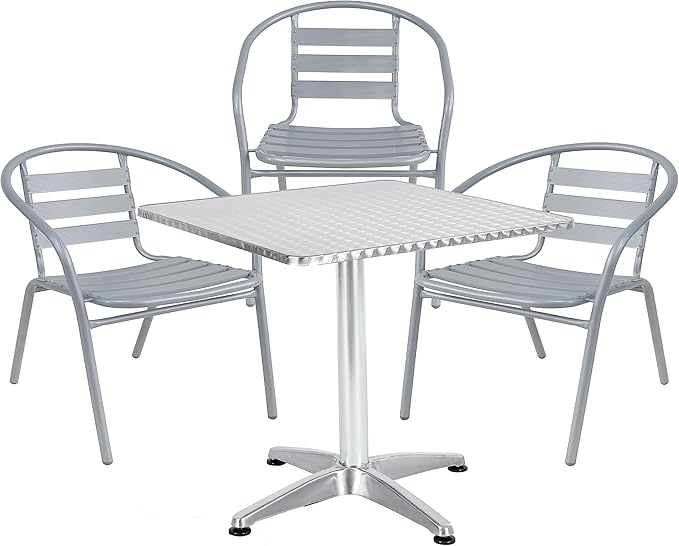 BTEXPERT Indoor Outdoor 23.75" Restaurant Stainless Steel Aluminum + 3 Silver Gray Metal Slat Stack Commercial Lightweight, 3 Chairs with a Square Table