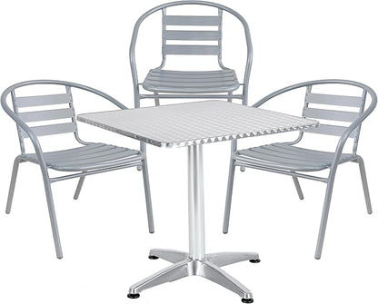 BTEXPERT Indoor Outdoor 23.75" Restaurant Stainless Steel Aluminum + 3 Silver Gray Metal Slat Stack Commercial Lightweight, 3 Chairs with a Square Table