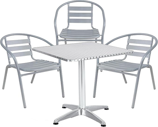 BTEXPERT Indoor Outdoor 23.75" Restaurant Stainless Steel Aluminum + 3 Silver Gray Metal Slat Stack Commercial Lightweight, 3 Chairs with a Square Table