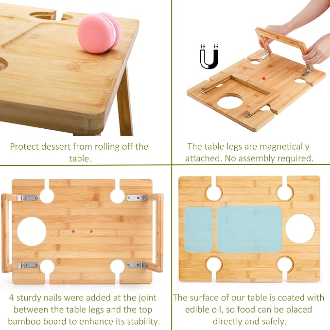 Peohud Portable Wine Picnic Table, Foldable Champagne Picnic Snack Table Tray, Wooden Outdoor Picnic Table with Glass Holder for Park, Beach, Camping, Bed, Wine Lover Gift
