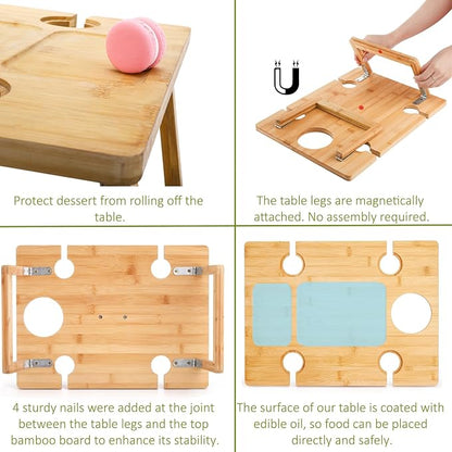 Peohud Portable Wine Picnic Table, Foldable Champagne Picnic Snack Table Tray, Wooden Outdoor Picnic Table with Glass Holder for Park, Beach, Camping, Bed, Wine Lover Gift