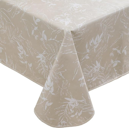 Heavy Duty Vinyl Tablecloth with Flannel Backing Waterproof Oil-Proof Plastic Table Cloth Stain-Resistant Wipeable Rectangle or Square Table Cover for Indoor and Outdoor (Beige Leaf,60x84 Inch)