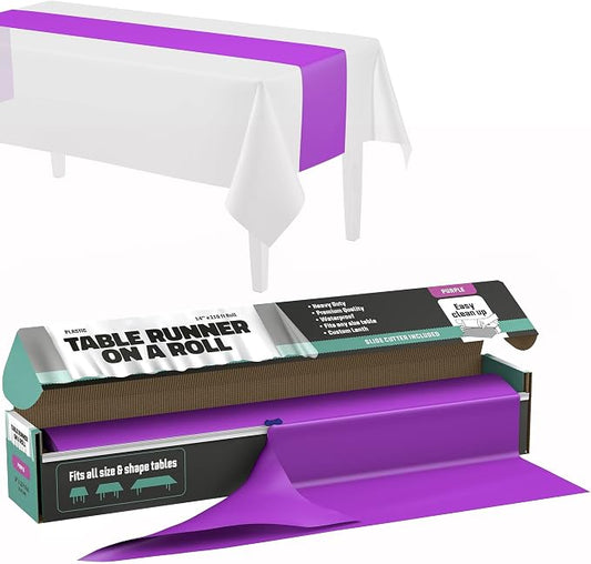 Purple Table Runner – 14" X 110' Premium Plastic Longtable Runners with Cutter Box - Cut to Size - Decorative Rectangle Table Runners - Smooth Table Cloth - Disposable Table Cloths. Parties, Weddings.