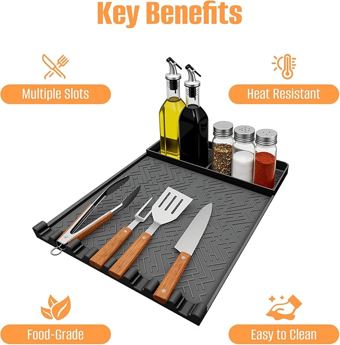 2 Pack Silicone Grill Mat for Blackstone,Silicone Griddle Tools Mat with Drip Pad,Heat Resistant Spatula Mat for Outdoor Kitchen Grill,Side Mat for Blackstone Griddle Accessories(Black,2PCS)