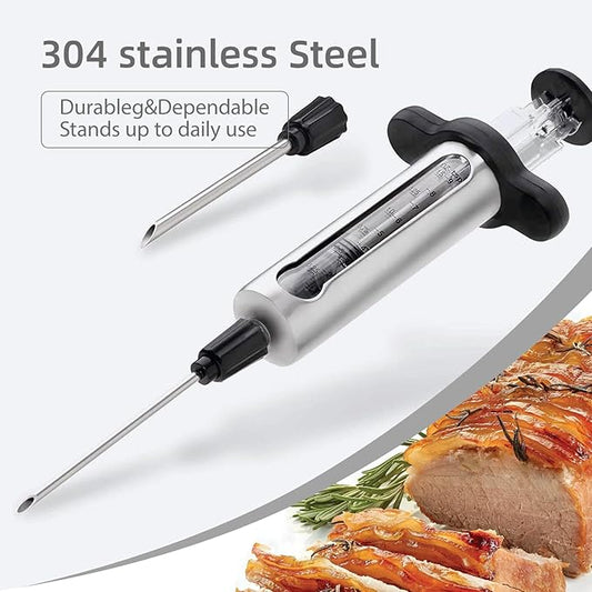 Kitchen Meat Injector, Leak-Proof Stainless Steel Flavor Marinade Syringe with 2 Different Needles and 1.5-oz Measurement Window,Perfect for Smoking, Frying, and Brining Meat for Deep Seasoning(MI-06)