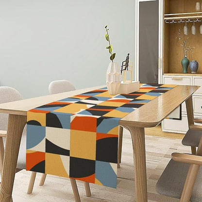 Mid Century Geometric Table Runner Dresser Scarves,Nordic Abstract Splicing Semicircle Linen Table for Party Kitchen Dining Banquet 13x60in