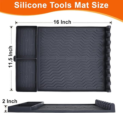Full-Size Silicone Griddle Mat for Flat Top Grills, Heat Resistant Spatula Holder with Grease Drip Pan, Outdoor Cooking Counter Protector, Black