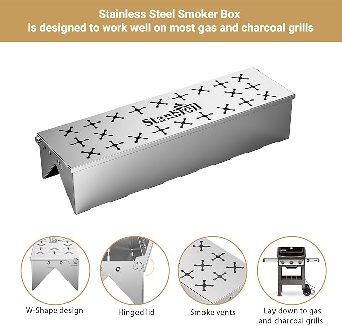 Stanbroil Stainless Steel Smoker Box for Gas Grilling, Wood Chip Smoking Box for Enhanced Smoke Flavor, Double V-Shape Design and Hinged Lid for Gas & Charcoal Grill