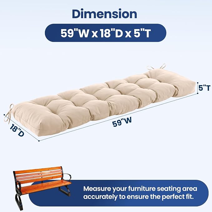IASEAHK Outdoor Bench Cushion 59x18x5 Inch, Waterproof & Fade-Resistant Patio Furniture Cushions, Tufted Memory Foam Indoor/Outdoor Cushions for Couch Porch Swing with Non-Slip Backing & Straps, Beige