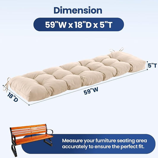 IASEAHK Outdoor Bench Cushion 59x18x5 Inch, Waterproof & Fade-Resistant Patio Furniture Cushions, Tufted Memory Foam Indoor/Outdoor Cushions for Couch Porch Swing with Non-Slip Backing & Straps, Beige