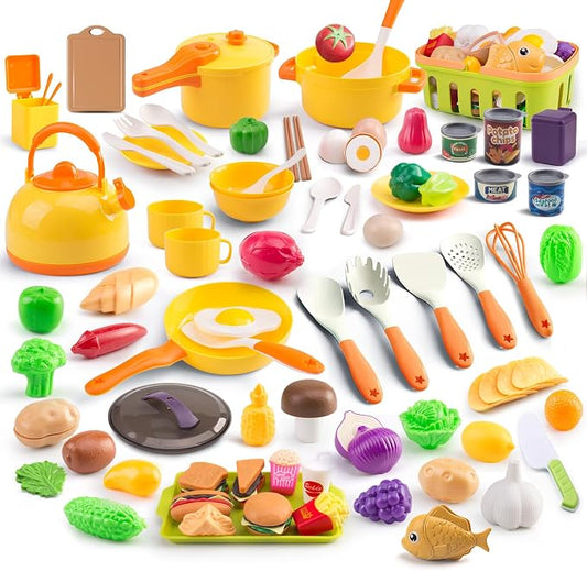 120Pcs Mini Play Kitchen Accessories, Kids Pretend Cooking Playset with Desserts, Cuttable Veggies & BBQ & Storage Basket, Educational Role-Play Gift for Toddlers, Child, Yellow