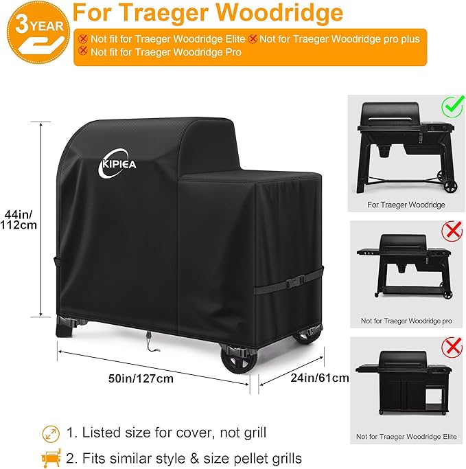 Kipiea Heavy Duty Grill Cover for Traeger Woodridge, 600D Oxford Fabric Wood Pellet Smoker Covers Waterproof & Windproof, Pellet BBQ Grill Cover for Outside Anti-UV, No Tear, No Fading