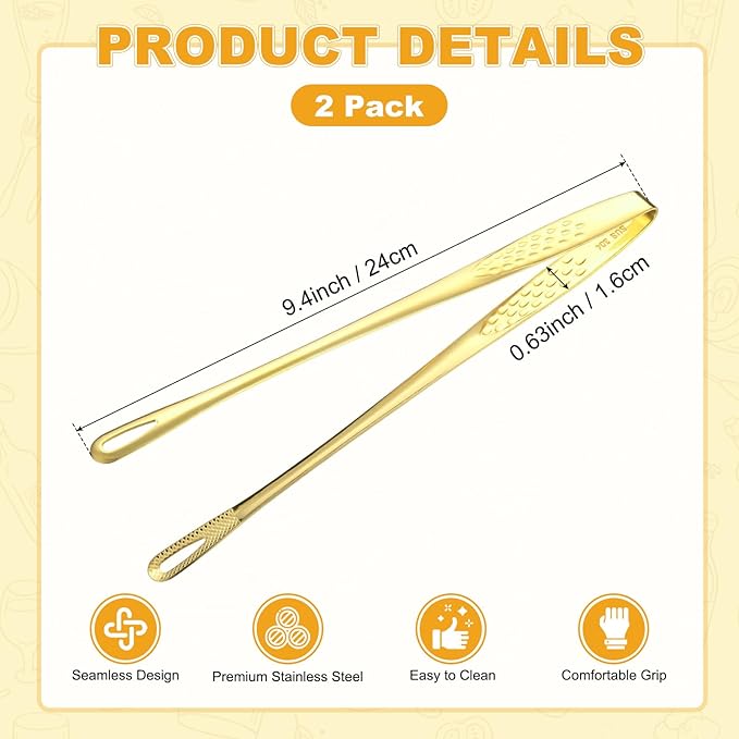 M METERXITY 2-Pack Extra Long Grill Tongs, 9.4 Inch Non-Slip 304 Stainless Steel Locking Tongs for Cooking/Buffet/Outdoor Barbecue, Korean BBQ Tweezers Metal Clamp Tool [Gold Tone]