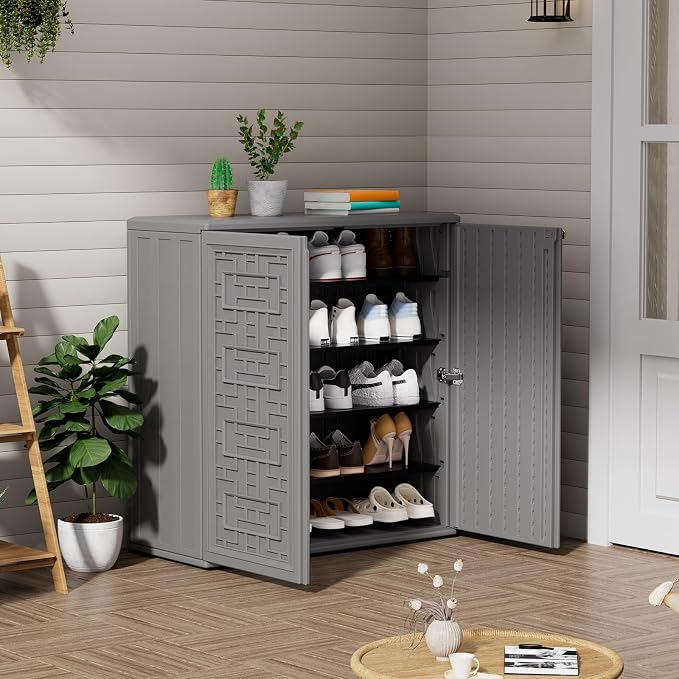 ZZM HDPE Outdoor Storage Shed, Outdoor Plastic Storage Cabinet, Horizontal Resin Tool Shed for Garden, All Weather Outdoor Storage Clearance, DIY Usage, with one Shelf (Gray)