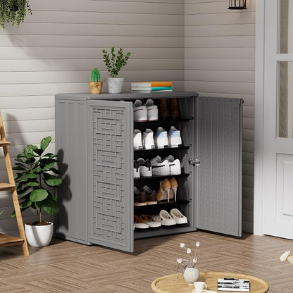 ZZM HDPE Outdoor Storage Shed, Outdoor Plastic Storage Cabinet, Horizontal Resin Tool Shed for Garden, All Weather Outdoor Storage Clearance, DIY Usage, with one Shelf (Gray)