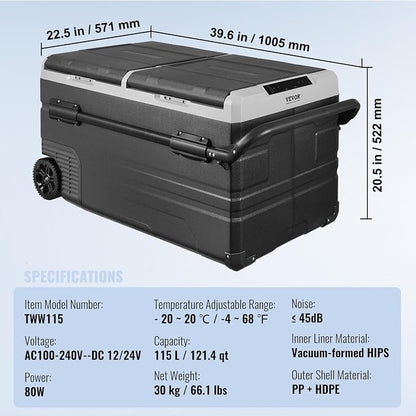 VEVOR Car Refrigerator 115L, Dual Zone Portable Freezer with Wheels & Handle, -4℉ to 68℉, 12/24V DC & 100-240V AC Compressor Cooler for Camping, Outdoor, RV