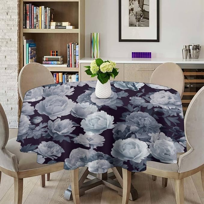 Vintage Florals Round Tablecloth, Gothic Black Garden Peonies Flowers Rustic Roses Boho Botanical Plant Water Resistant Wipeable Table Cover for Picnic Party Holiday Kitchen Dinner Table 36"
