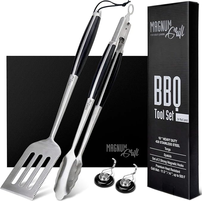 Grilling Accessories | BBQ Tools Set with 18" Grill Spatula, Tongs, BBQ Grill Mat and 2X Strong Magnetic Hooks for Hanging on Barbeque | Heavy Duty Metal Grill Set