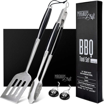 Grilling Accessories | BBQ Tools Set with 18" Grill Spatula, Tongs, BBQ Grill Mat and 2X Strong Magnetic Hooks for Hanging on Barbeque | Heavy Duty Metal Grill Set