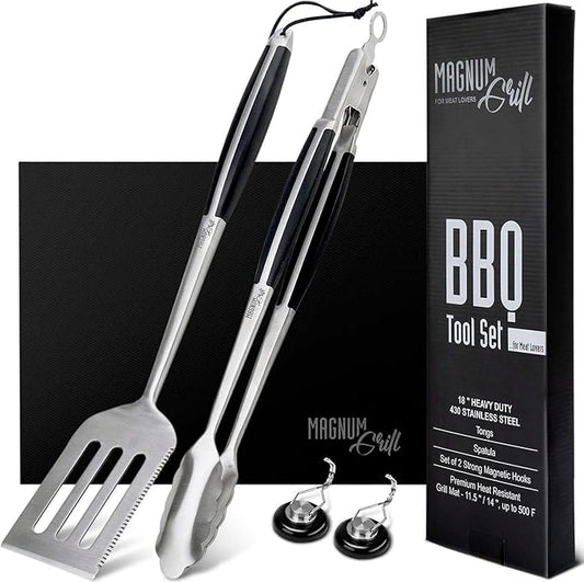 Grilling Accessories | BBQ Tools Set with 18" Grill Spatula, Tongs, BBQ Grill Mat and 2X Strong Magnetic Hooks for Hanging on Barbeque | Heavy Duty Metal Grill Set