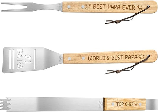 Haooryx Father BBQ Grill Tool Accessories Set - 3Pcs Best Papa Ever Stainless Steel Grilling Tong Fork Spatula Top Chef Dad Birthday Present Father Outdoor Housewarming Camping Holiday Party Supply