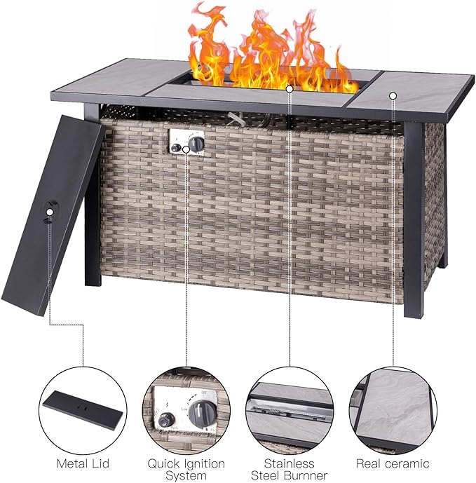 OutVue 47" Propane Fire Pit Table with Real Ceramic Tabletop & Ratten Side Panel, 50000 BTU Gas Firepit Table with Lid & Lava Stones, Outdoor Fire Pit for Dining or Party, Firepit for Outside, Patio