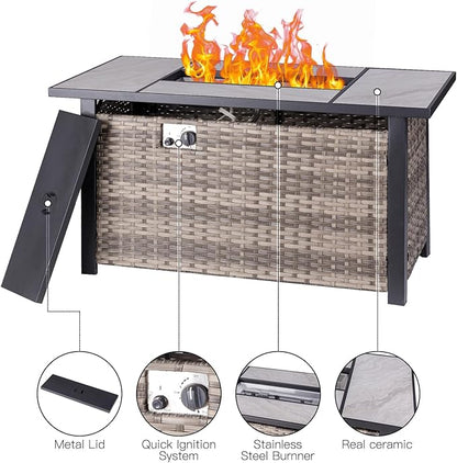 OutVue 47" Propane Fire Pit Table with Real Ceramic Tabletop & Ratten Side Panel, 50000 BTU Gas Firepit Table with Lid & Lava Stones, Outdoor Fire Pit for Dining or Party, Firepit for Outside, Patio