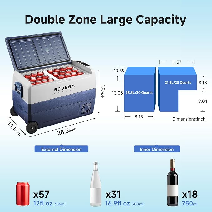 BODEGACOOLER 12 Volt Portable Refrigerator,53 Quart Car Fridge Dual Zone -4℉-68℉,50L Car Freezer APP Control,Electric Compressor Cooler 12/24V DC and 100-240V AC for RV,Camping,Travel,Truck,Vehicles