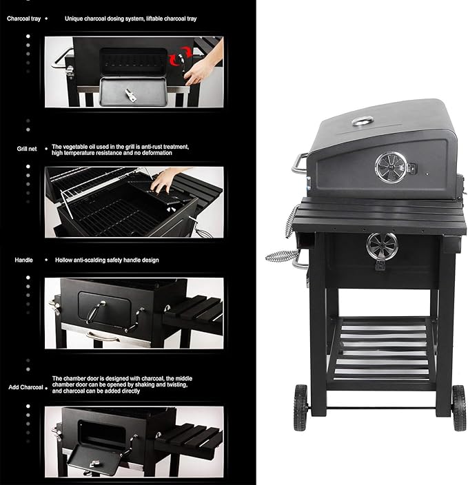 Portable Charcoal Grill, Large BBQ Grill with Wheels, Adjustable Vent Outdoor Grill for Camping, Picnic and Garden