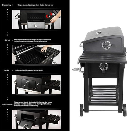 Portable Charcoal Grill, Large BBQ Grill with Wheels, Adjustable Vent Outdoor Grill for Camping, Picnic and Garden