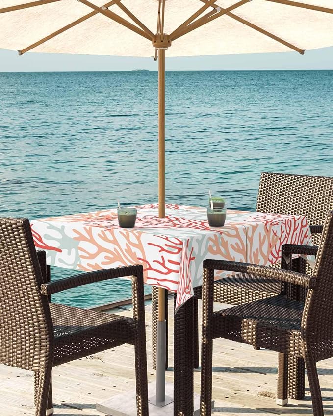 Red Orange Grey Coral Coastal Outdoor Tablecloth - 60x60 Inch Square Waterproof Dining Table Cover, Summer Beach Seaside Nautical Outdoor Table Cloth with Umbrella Hole & Zipper for Patio