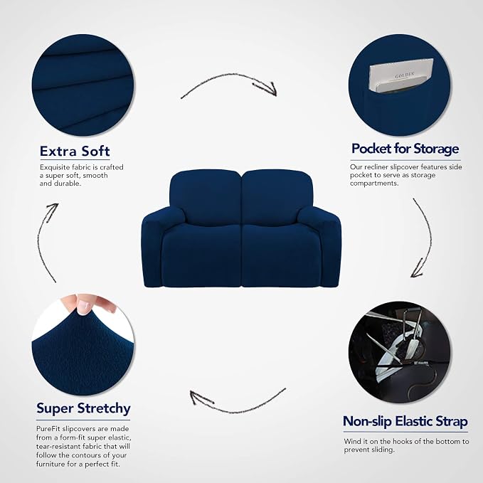 PureFit Super Stretch Loveseat Recliner Sofa Couch Cover with Pocket | 2 Seats Non Slip Soft Sofa Slipcover, Washable Reclining Furniture Protector for Kids, Pets (Recliner Loveseat, Navy)