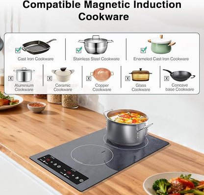 Double Induction Cooktop Portable Electric Cooktop 12 Inch, 110V Induction Burner Hot Plate with Safety Lock, Auto Shutoff Timer Setting, 9 Heating Level and Overheating Protection