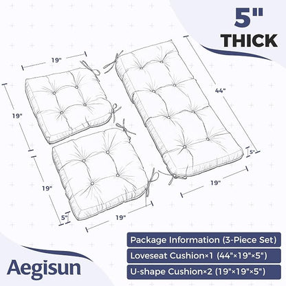 Wicker Chair Cushions of 3 Pieces, Waterproof Cushions for Patio Furniture, Tufted Wicker Outdoor Furniture Cushions, 1 Patio Loveseat Cushion and 2 U-Shaped Cushions, 44"x19"x5", Dark Grey