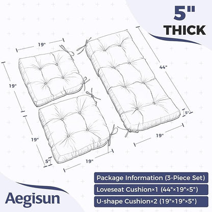 Wicker Chair Cushions of 3 Pieces, Waterproof Cushions for Patio Furniture, Tufted Wicker Outdoor Furniture Cushions, 1 Patio Loveseat Cushion and 2 U-Shaped Cushions, 44"x19"x5", Dark Green