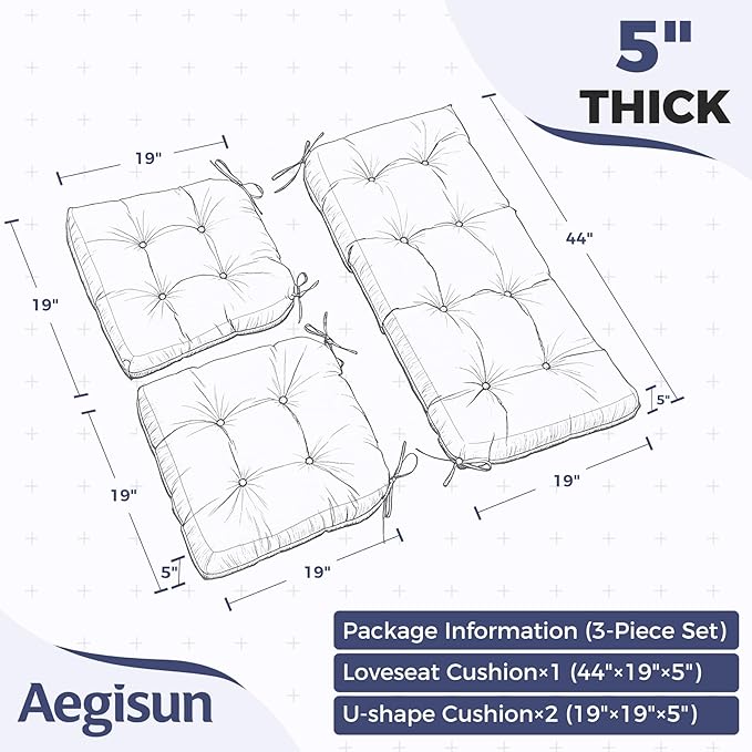 Wicker Chair Cushions of 3 Pieces, Waterproof Cushions for Patio Furniture, Tufted Wicker Outdoor Furniture Cushions, 1 Patio Loveseat Cushion and 2 U-Shaped Cushions, 44"x19"x5", Navy Blue