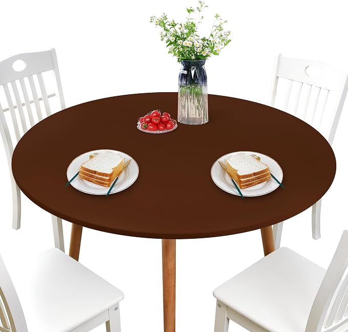 NEWISHER Round Stretch Spandex Fitted Table Cover Brown 60 inch Tablecloth | Fitted Tablecloth, Spandex Stretch Table Cloth, Elastic Edged Tablecloth, Table Top Cover, Tablecloth for Dining Picnic Patio