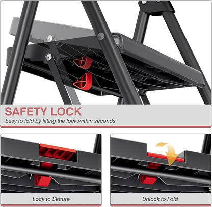 TOOLF 3 Step Ladder, Folding Steel Step Ladder with Handrail, Black | 500 lb Capacity, Wide Anti-Slip Pedals, Steel Frame, Safety Handrail, Foldable, Indoor & Outdoor Use
