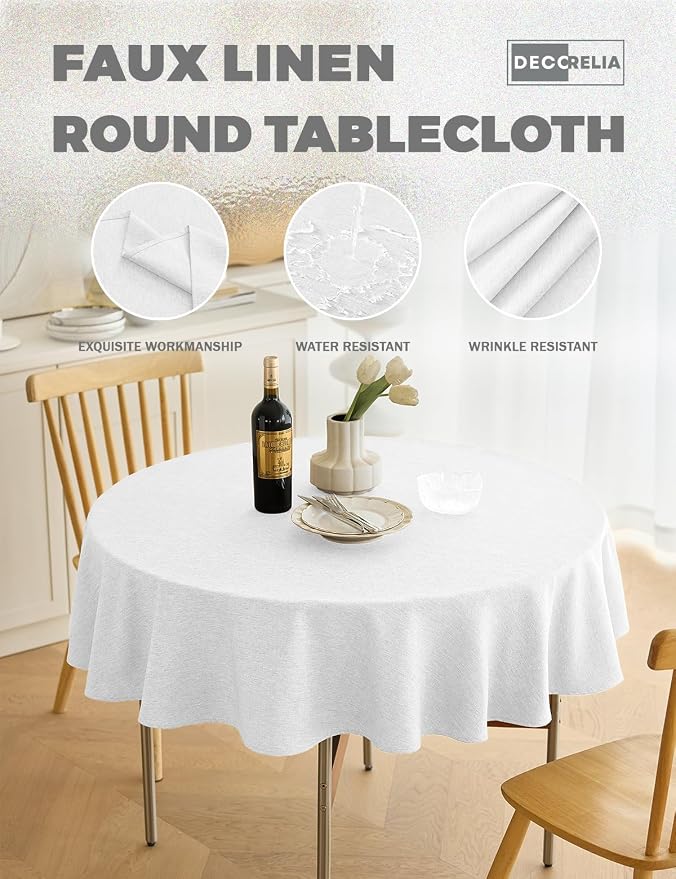Decorelia White Faux Linen Round Tablecloths 60 inch, Waterproof Decorative Washable Texture Rustic Circle Table Cloth Cover for Dining Kitchen Party Farmhouse Outdoor (Round (2-4 Seats),White)